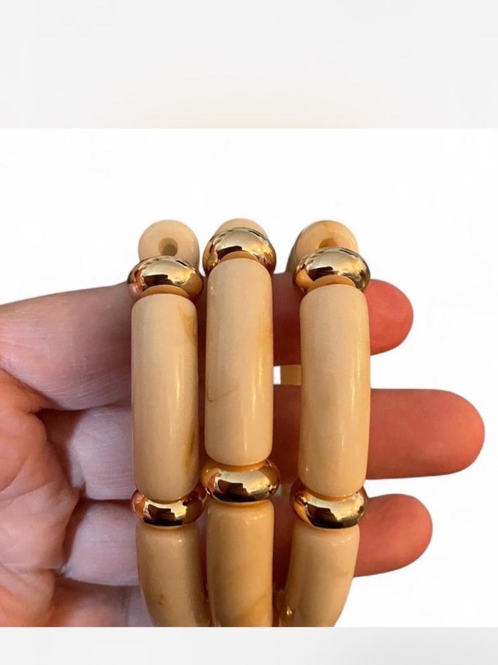 Cream Beaded Stretch Bracelet with Gold Accents